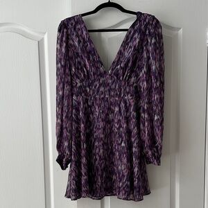Purple Patterned V-Neck Long Sleeve Mini Dress